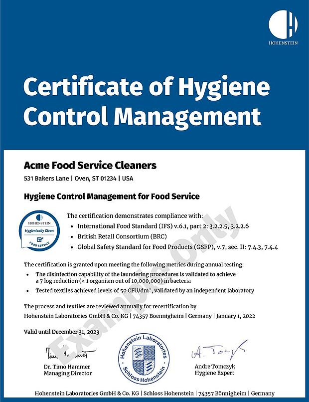 Certificate of Hygiene Management for Food Service Laundry with "Example" watermark, Requirements, Hohenstein seal