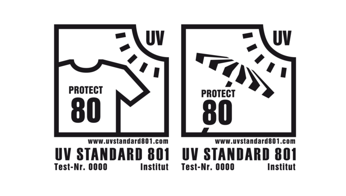 UV STANDARD 801 product labels for apparel (t-shirt) and umbrella (shading textiles)