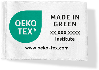 Sew-in label with OEKO-TEX® MADE IN GREEN logo, certification number, institute