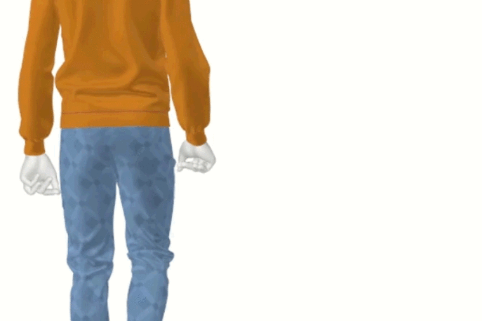 Animated avatar in orange Hohenstein hoodie and jeans, walking away