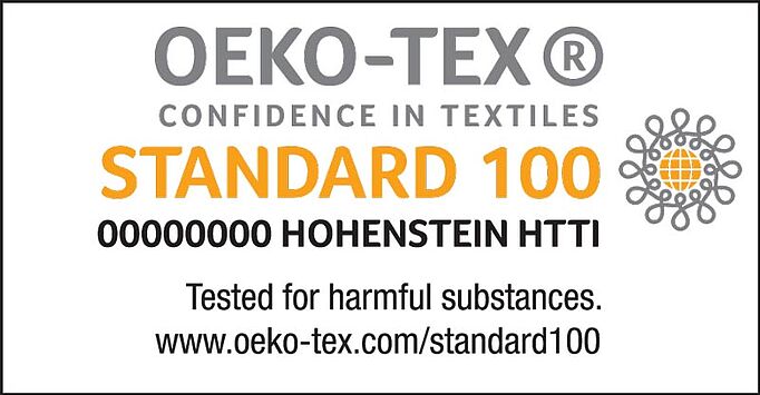 STANDARD 100 by OEKO-TEX® logo, certification number and institute, "Tested for harmful substances" claim and website
