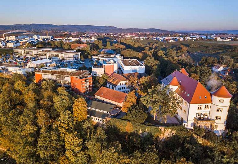 Aerial view of Hohenstein castle and lab buildings at headquarters in Germany