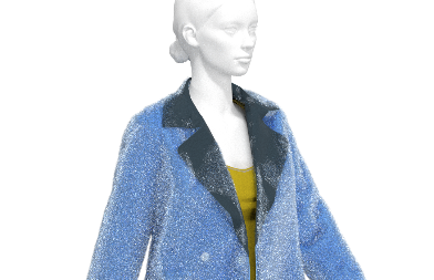 3D avatar wearing pleated green skirt, textured blue jacket over yellow shirt