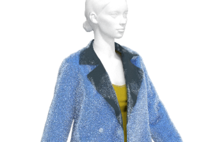 3D avatar wearing pleated green skirt, textured blue jacket over yellow shirt