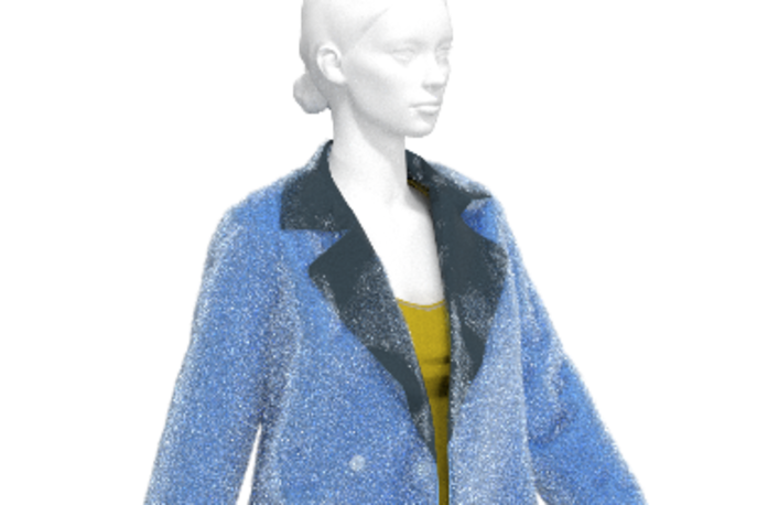 Hohenstein Custom Avatar 3D avatar wearing pleated green skirt, textured blue jacket over yellow shirt