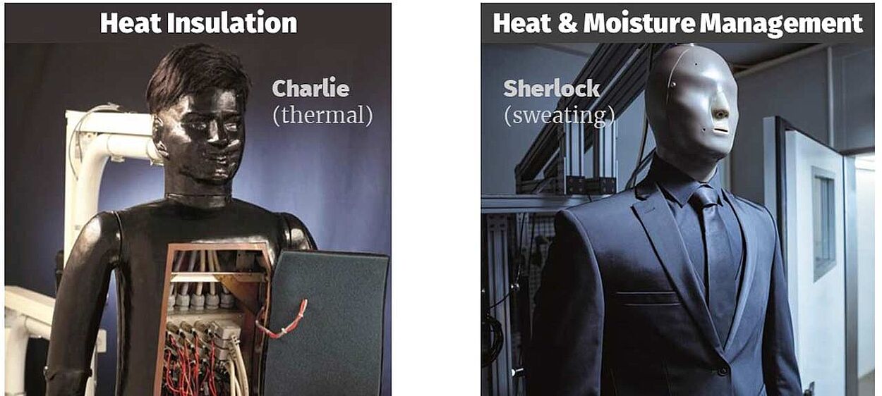 Images of Hohenstein's Thermal Testing Manikin, "Charlie" for testing heat insulation and "Sherlock" for testing heat and moisture management