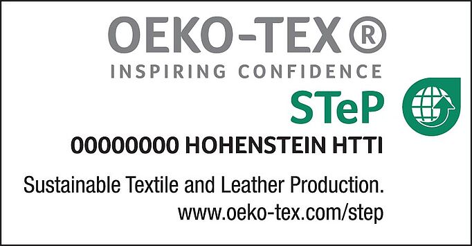 STeP by OEKO-TEX® logo, certification number and institute, "Sustainable Textile and Leather Production" claim and website