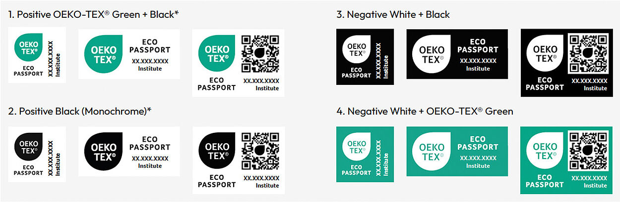 OEKO-TEX® labels shown in 3 different layouts for all 4 color variations