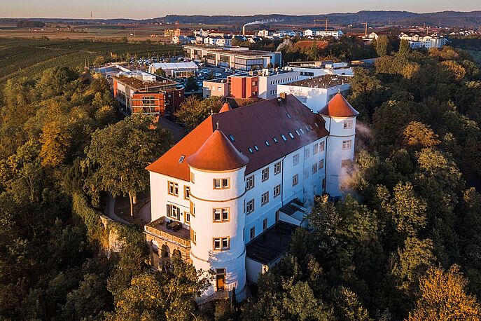 Aerial view of Hohenstein headquarters on hill with castle and labs