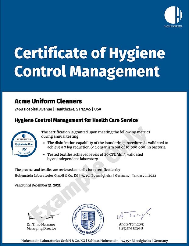 Certificate of Hygiene Management for Healthcare Laundry with "Example" watermark, requirements, Hohenstein seal
