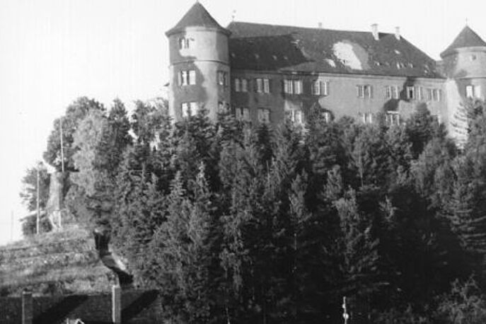 Hohenstein Castle in 1946 black and white picture of Hohenstein castle on hill