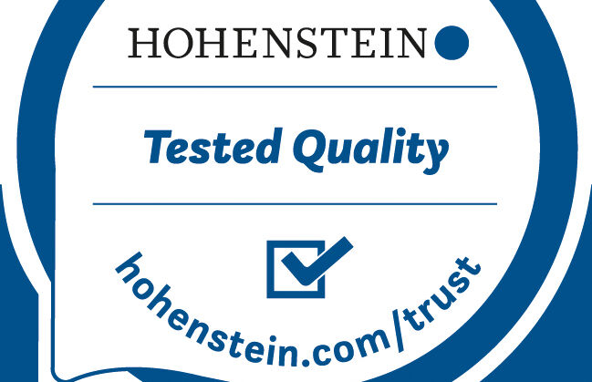 product label with check marks for breathing comfort, washability, fit and harmful substances