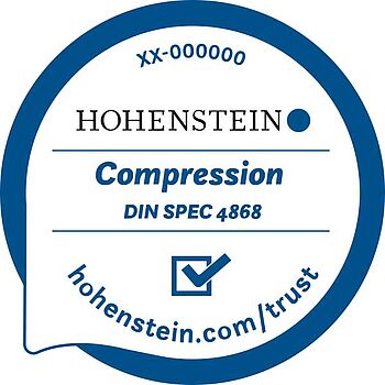 Round seal of quality with "Compression per DIN SPEC 4868", certification number and website for more info