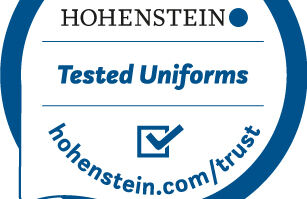 Product label with Hohenstein logo, check mark, and "Tested Uniforms"