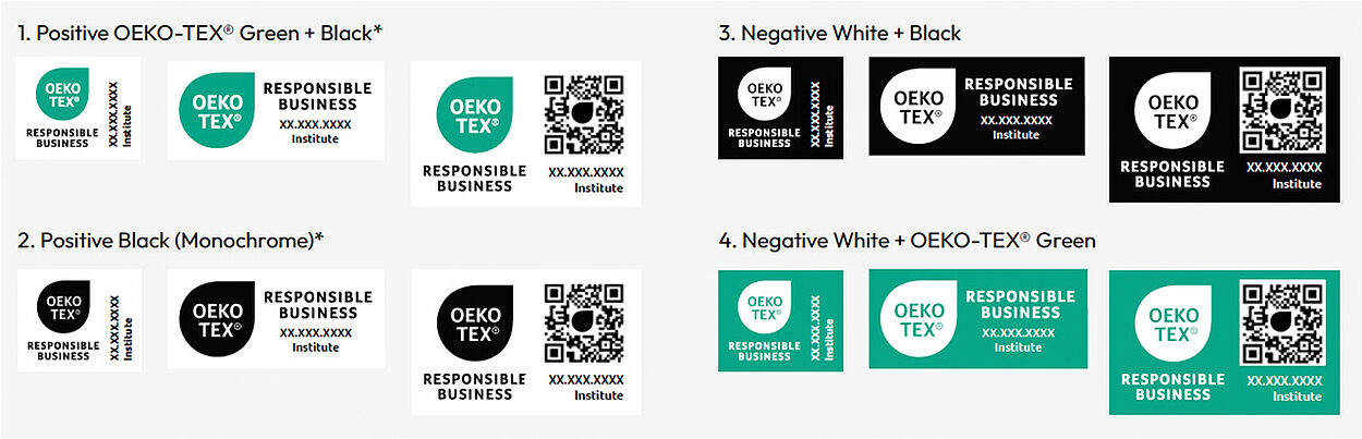 OEKO-TEX® labels shown in 3 different layouts for all 4 color variations