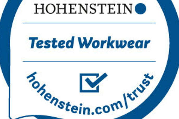 Hohenstein Quality Label for Tested Workwear Product label with Hohenstein logo, check mark, and "Tested Workwear"
