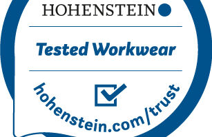 Product label with Hohenstein logo, check mark, and "Tested Workwear"