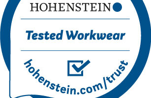 Hohenstein Quality Label for Tested Workwear Product label with Hohenstein logo, check mark, and "Tested Workwear"