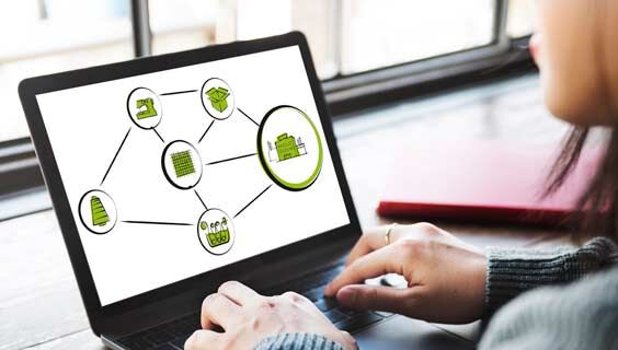 Apparel manager mapping textile supply chain on laptop