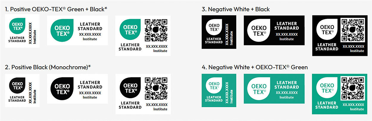 OEKO-TEX® labels shown in 3 different layouts for all 4 color variations