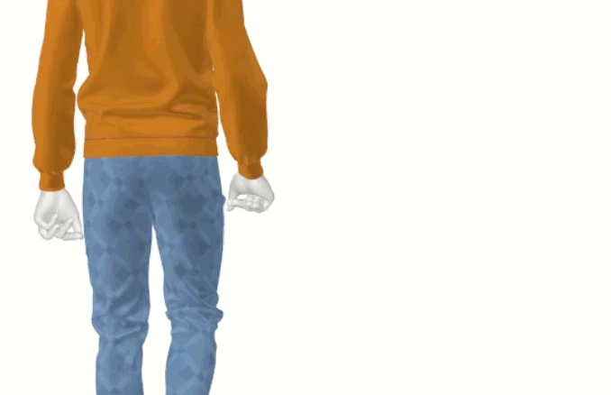 Animated avatar in orange Hohenstein hoodie and jeans, walking away