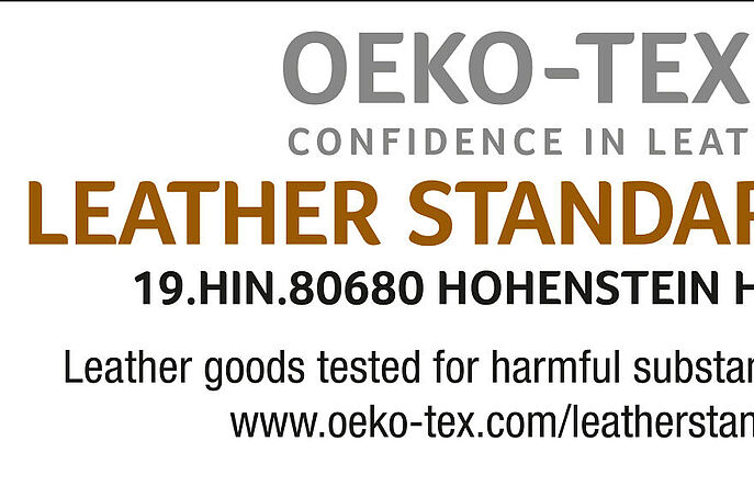 LEATER STANDARD label with Ideax certification number, HOHENSTEIN HTTI testing lab, motto, website and OEKO-TEX® logo