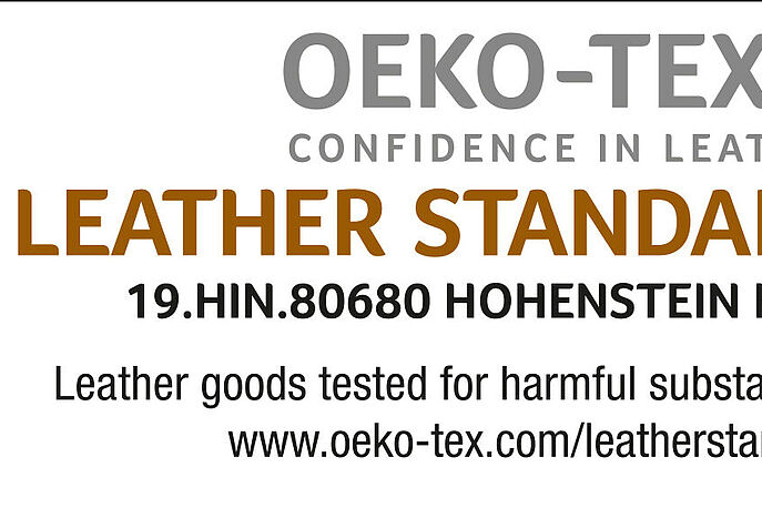 LEATER STANDARD label with Ideax certification number, HOHENSTEIN HTTI testing lab, motto, website and OEKO-TEX® logo