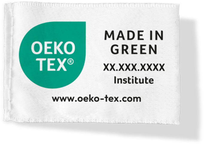 Sew-in label with OEKO-TEX® MADE IN GREEN logo, certification number, institute