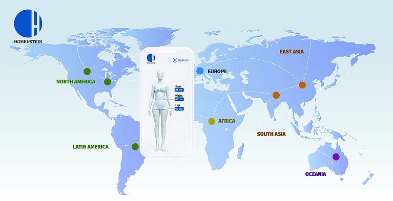 Hohenstein Global Size Study and Sizekick App World map showing Hohenstein Global Size Study data collection regions including North America, Latin America, Europe, Africa, South Asia, East Asia and Oceania