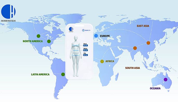 Hohenstein Global Size Study and Sizekick App World map showing Hohenstein Global Size Study data collection regions including North America, Latin America, Europe, Africa, South Asia, East Asia and Oceania