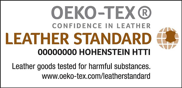 LEATHER STANDARD by OEKO-TEX® logo, certification number and institute, "Leather goods tested for harmful substances" claim and website