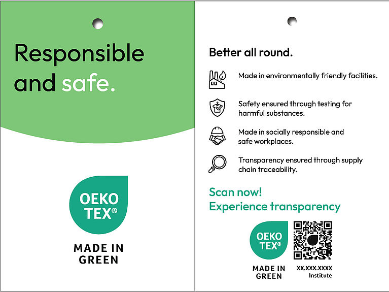 "Responsible and safe", OEKO-TEX® MADE IN GREEN logo, scannable code and traceability info, icons for sustainability claims