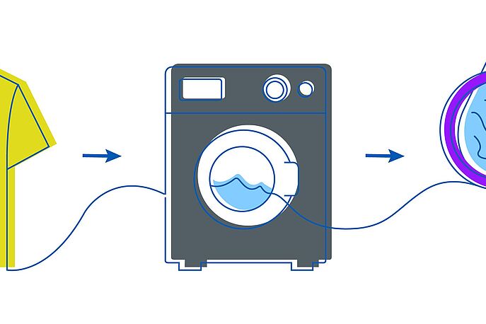 Illustration of shirt-washing machine-magnifying glass with microfibers in water