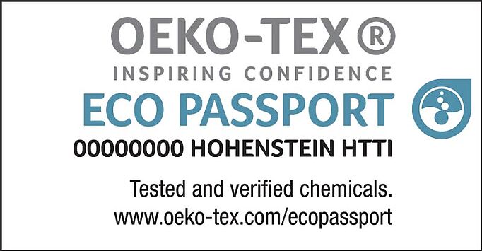 ECO PASSPORT by OEKO-TEX® logo, certification number and institute, "Tested and verified chemicals" claim and website