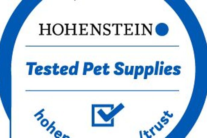 Quality Label for Tested Pet Supplies Blue circle around Hohenstein logo, "Tested Pet Supplies", check mark, "hohenstein.com-trust"