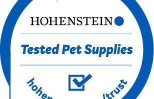Blue circle around Hohenstein logo, "Tested Pet Supplies", check mark, "hohenstein.com-trust"