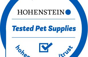 Quality Label for Tested Pet Supplies Blue circle around Hohenstein logo, "Tested Pet Supplies", check mark, "hohenstein.com-trust"