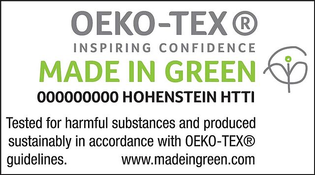 MADE IN GREEN by OEKO-TEX® logo, label number and institute, verified claim and website