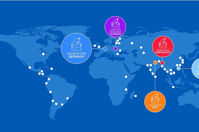 Hohenstein Worldwide Laboratories and Branches Blue, world map with dots for Hohenstein locations and large circles for testing lab locations