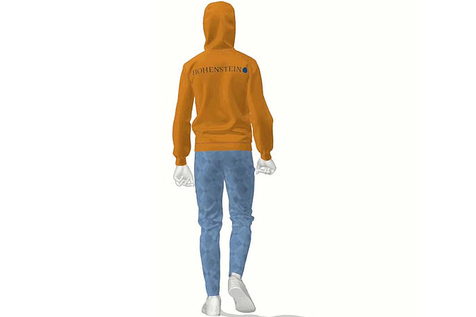 Avatar in orange Hohenstein hoodie and jeans, walking away