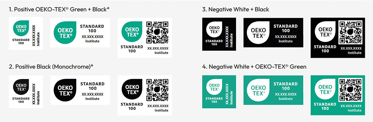 OEKO-TEX® labels shown in 3 different layouts for all 4 color variations