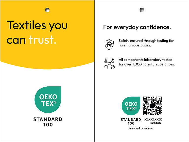 "Textiles you can trust", OEKO-TEX® STANDARD logo, scannable code and traceability info, icons for sustainability claims