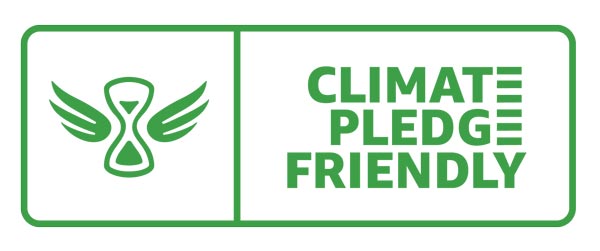Logo and icon for the Climate Pledge Friendly program on Amazon in green with white background