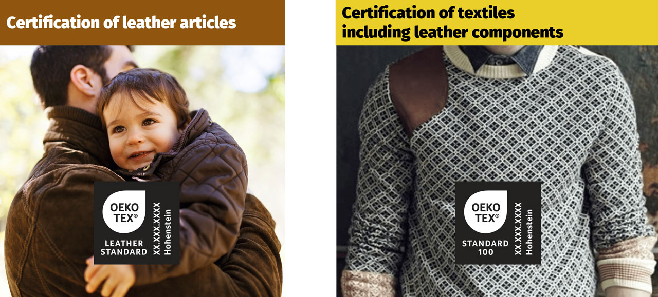 LEATHER vs STANDARD 100 by OEKO-TEX® Side by side comparison of full leather garment vs textile garment with leather accent