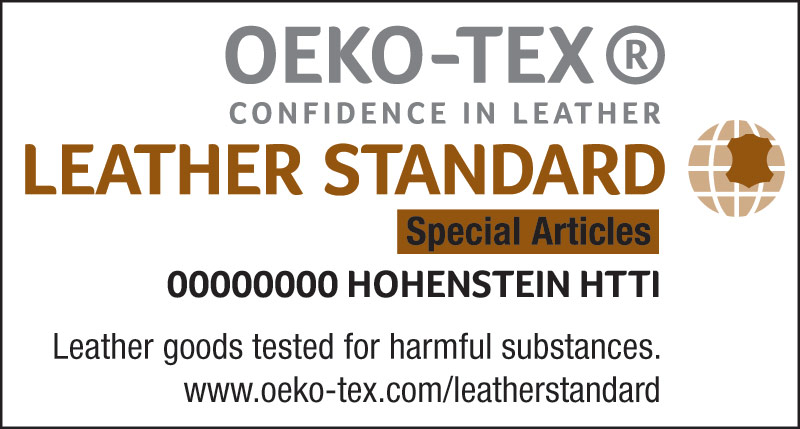 Label with LEATHER STANDARD logo, Special Articles, Tested for harmful substances, website, number and test institute
