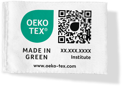 Sew-in label with OEKO-TEX® MADE IN GREEN logo, certification number, institute, QR