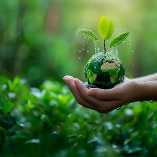 Green globe with wet leaves in palm of hand