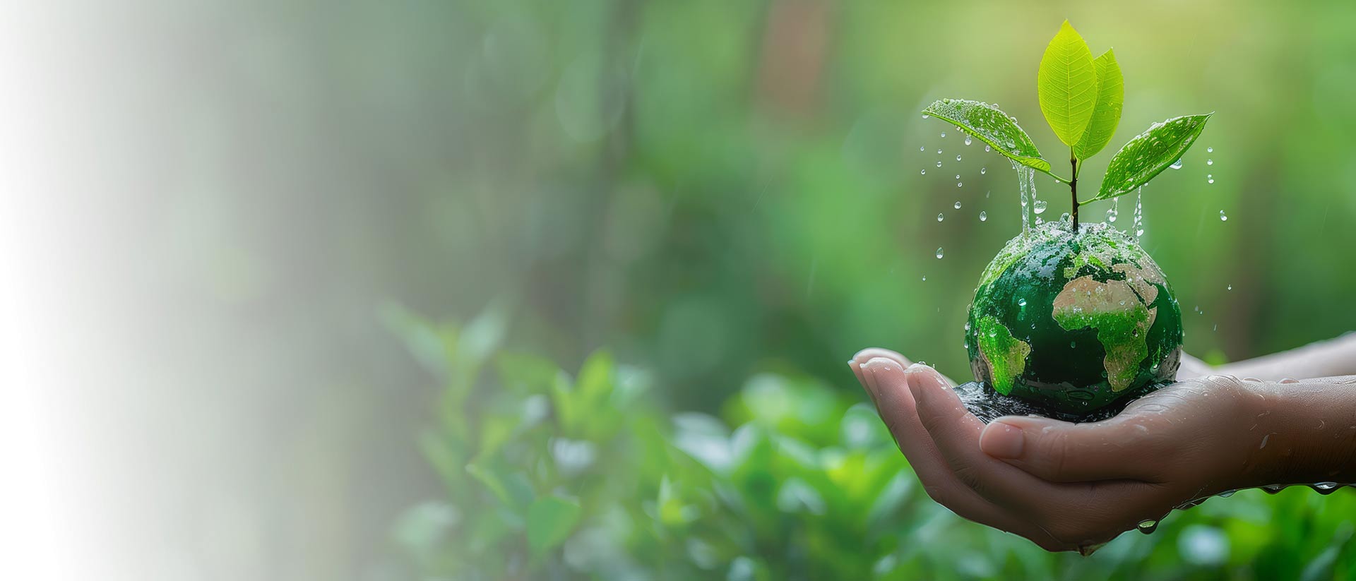 Water droplets fall from a young plant growing from a tiny planet Earth, held by human hands.