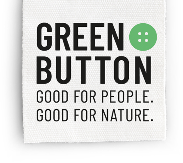 Sew-in-Label with GREEN BUTTON logo, "GOOD FOR PEOPLE.", "GOOD FOR NATURE."