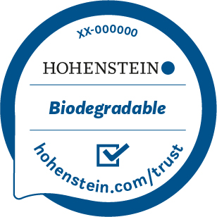 Hohenstein Quality Label, "Biodegradable" with certification number and website for more info